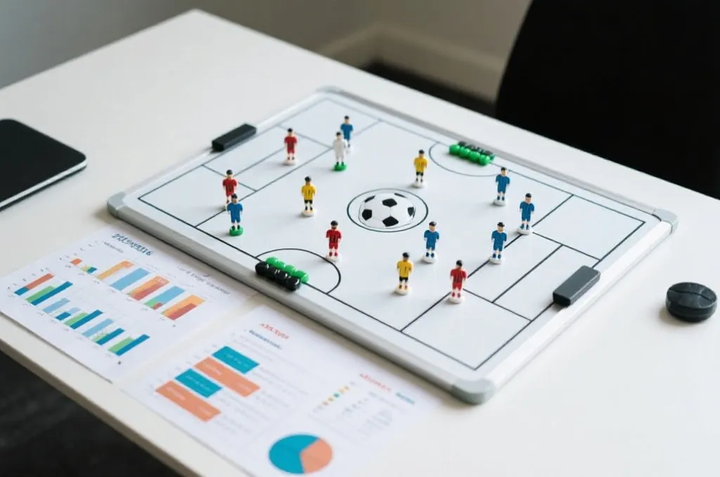 Professional soccer tactical board with magnetic player markers and statistical analysis data